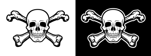 Human skull and crossbones. Black and white vector Illustration with anatomical proportions, isolated on white and black background.