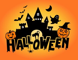 Halloween. A poster for the celebration of Halloween with ghosts, pumpkins, a black cat and bats on an orange background. For use in web design, postcards, posters, printing. 