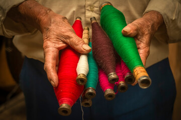 Manos ancianas sosteniendo hilos de color para tejer