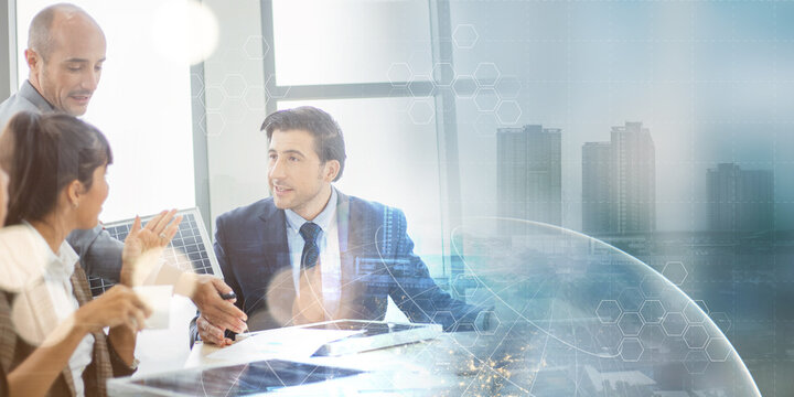 Double exposure of business people meeting seminar with bokeh abstract backgrounds