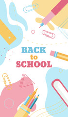 Back to school banners concept in pastel flat style, isolated on abstract colourful background. Vector illustration