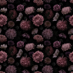 Brown flowers peonies on a black background. Floral seamless pattern. © marinavorona