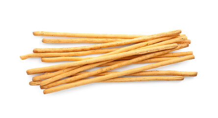 Delicious grissini sticks on white background, top view