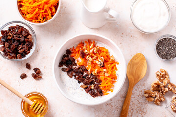 Carrot and raisins overnight oats with walnuts, high protein healthy breakfast