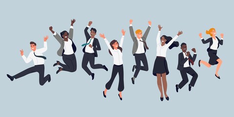 Jumping business people. Cheerful company employees, office managers, team event, men and women in formal suits having fun. Vector set - obrazy, fototapety, plakaty