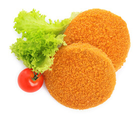 Uncooked breaded cutlets, tomato and lettuce on white background, top view. Freshly frozen...