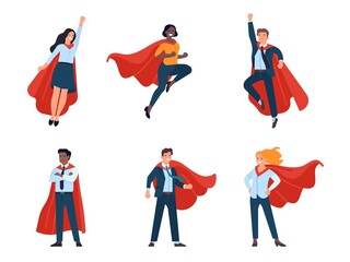 Super businessmen characters. Men and women heroes in different poses, flying, standing business people, fluttering capes. Vector set - obrazy, fototapety, plakaty