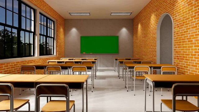 New normal classroom and spacing of tables and chairs to prevent the spread of coronavirus (COVID-19). IEmpty classroom for teach and learn. 3d rendering Interior.