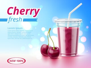 Cold drink poster. Realistic cherry beverage, advertising banner with plastic takeaway cup and tube, healthy berry smoothie. Vector concept