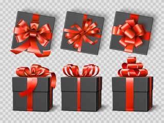 Black gift boxes. Realistic festive presents wraps mockup, red satin ribbons with differently tied bows, elegant dark packaging. Vector set