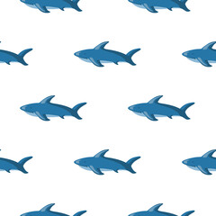 Isolated seamless zoo marine pattern with blue shark fish silhouettes. White background. Simple print.