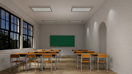New normal classroom and spacing of tables and chairs to prevent the spread of coronavirus (COVID-19). IEmpty classroom for teach and learn. 3d rendering Interior.