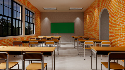 New normal classroom and spacing of tables and chairs to prevent the spread of coronavirus (COVID-19). IEmpty classroom for teach and learn. 3d rendering Interior.