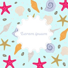 Vector illustration of seashells and stars in cartoon style, on blue background with isolated frame for text.