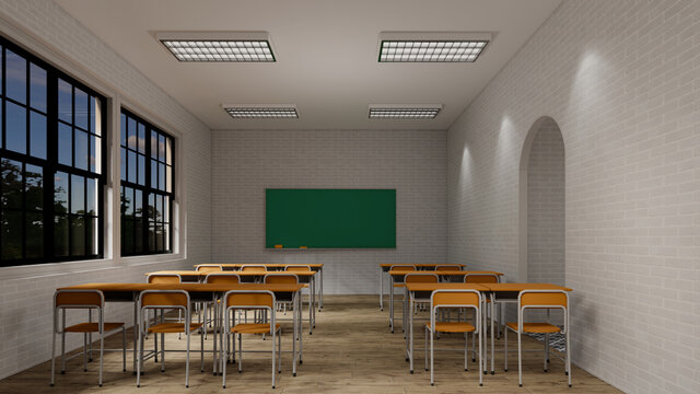 New normal classroom and spacing of tables and chairs to prevent the spread of coronavirus (COVID-19). IEmpty classroom for teach and learn. 3d rendering Interior.