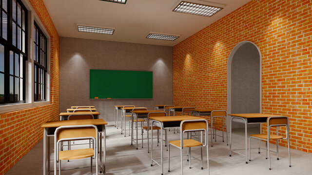 New normal classroom and spacing of tables and chairs to prevent the spread of coronavirus (COVID-19). IEmpty classroom for teach and learn. 3d rendering Interior.