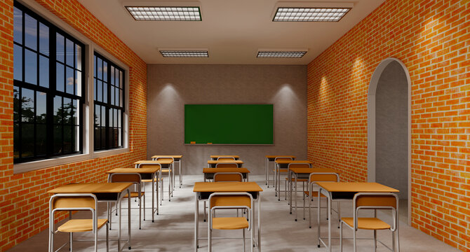 New normal classroom and spacing of tables and chairs to prevent the spread of coronavirus (COVID-19). IEmpty classroom for teach and learn. 3d rendering Interior.