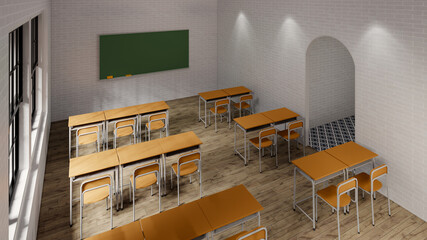 New normal classroom and spacing of tables and chairs to prevent the spread of coronavirus (COVID-19). IEmpty classroom for teach and learn. 3d rendering Interior.