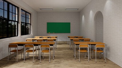 New normal classroom and spacing of tables and chairs to prevent the spread of coronavirus (COVID-19). Empty classroom for teach and learn. 3d rendering.