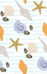 Vector seamless pattern of colorful seashells and stars in cartoon style, on geometric watercolor background.