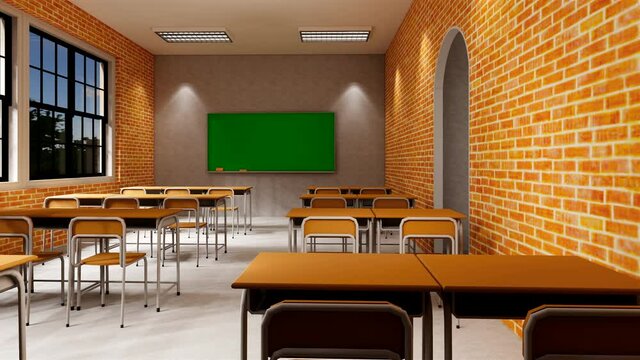 New normal classroom and spacing of tables and chairs to prevent the spread of coronavirus (COVID-19). IEmpty classroom for teach and learn. 3d rendering Interior.