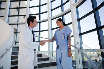 Doctor and nurse handshaking on hospital staircase