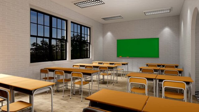 New normal classroom and spacing of tables and chairs to prevent the spread of coronavirus (COVID-19). IEmpty classroom for teach and learn. 3d rendering Interior.