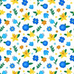 Obraz na płótnie Canvas cute vector seamless pattern with cartoon flowers. it can be used as wallpaper, poster, print for clothing, fabric, textiles, notebooks, packaging paper. floral background.