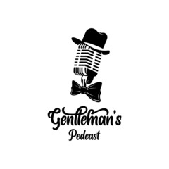 vintage microphone fancy hat and bow tie gentleman podcast logo design vector