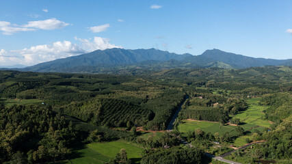 An aerial view of beautiful forest and mountain views. on a clear day Famous mountains of Nan Province, Northern Thailand, Doi Phu Kha