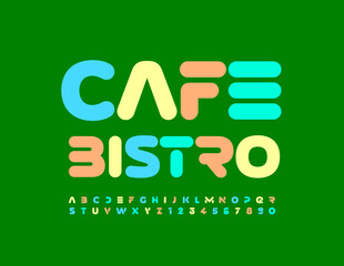 Vector modern emblem Cafe Bistro. Futuristic style Font. Bright abstract Alphabet Letters and Numbers set