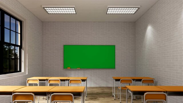 New normal classroom and spacing of tables and chairs to prevent the spread of coronavirus (COVID-19). IEmpty classroom for teach and learn. 3d rendering Interior.