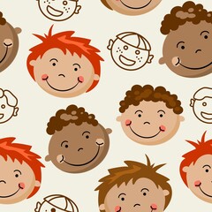 A child's pattern of children's faces on a beige background. Vector illustration.