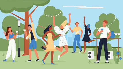Happy people dance to music at fun party vector illustration. Cartoon crowd of young man woman characters dancing and drinking drinks, dancers celebrate event with joy in summer park background