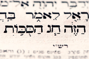 Closeup of hebrew words in Torah page that translates in english as This is the Sukkot holiday....