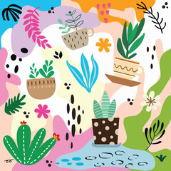 Color splash abstract background for design. Design banner frame. Colorful background with tropical plants. Place for your text.