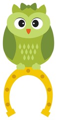 Cute Green St. Patrick Owl Sitting on the Top of Horseshoe. Vector Owl with Bow