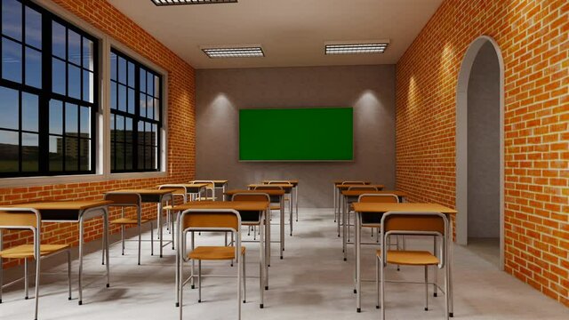 New normal classroom and spacing of tables and chairs to prevent the spread of coronavirus (COVID-19). IEmpty classroom for teach and learn. 3d rendering Interior.