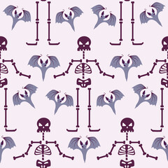 Seamless pattern skeleton with a bat. Vector illustration of creepy creatures for halloween, background, wallpaper, wrapper, banner, poster.