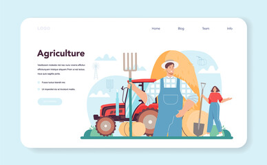 Farmer web banner or landing page. Farmer working on the field growing