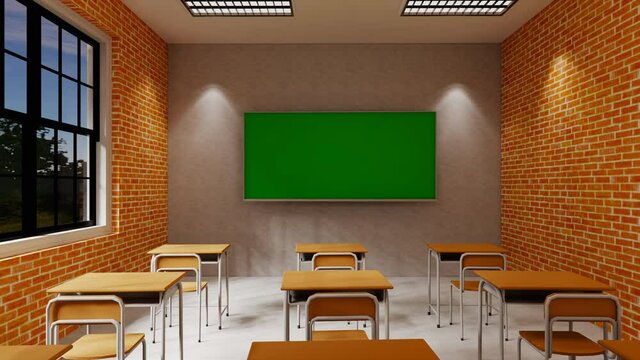 New normal classroom and spacing of tables and chairs to prevent the spread of coronavirus (COVID-19). IEmpty classroom for teach and learn. 3d rendering Interior.