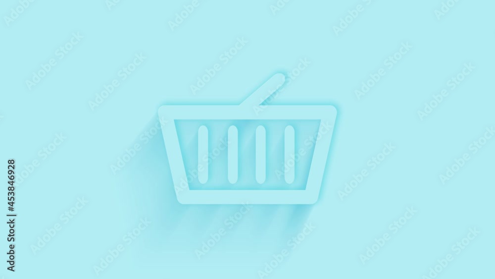 Poster Animated shopping basket icon with shadow on blue background. Neumorphism minimal style. Transparent background. 4K video motion graphic animation.