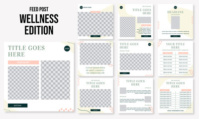 Set of editable social media instagram post wellness, with green abstract design vector template ai and eps10