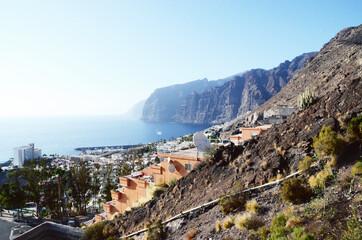 TENERIFE, SPAIN: Scenic seashore view of Los Gigantes ancient rocks 