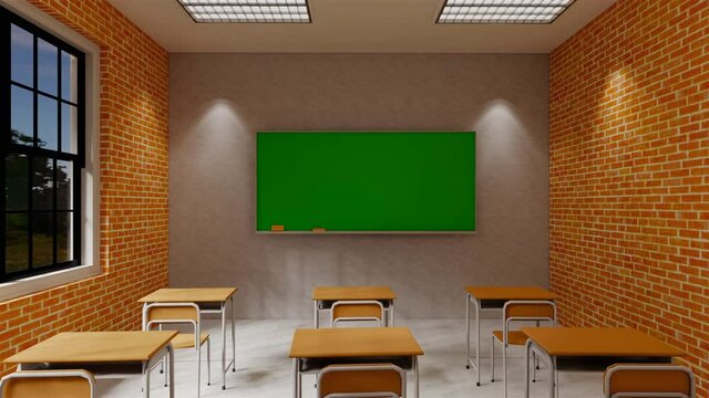 New normal classroom and spacing of tables and chairs to prevent the spread of coronavirus (COVID-19). IEmpty classroom for teach and learn. 3d rendering Interior.
