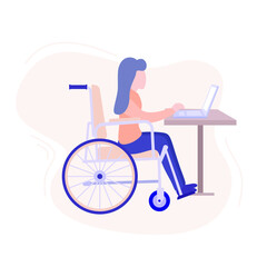 A disabled girl works from home on a laptop. Remote work concept. Social adaptation of people with disabilities