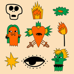 collection of vector psychedelic stickers for Halloween - zombie, witch, fire, heart, eye, face.Modern magic and mysticism.Punk rock tattoo in the style of the 70s.Hand drawn style