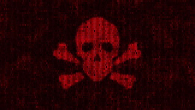 Computer server got attacked with malware by hacker, binary death skull symbol alert screen in network data security system, futuristic digital server cybersecurity threats concept