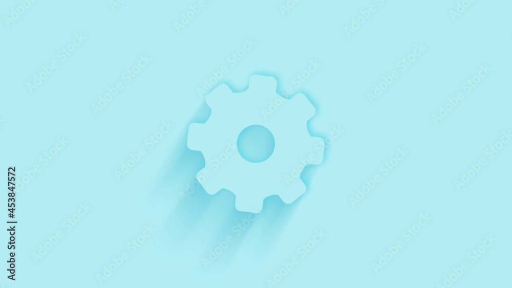 Poster Animated gear wheel icon with shadow on blue background. Neumorphism minimal style. Transparent background. 4K video motion graphic animation.