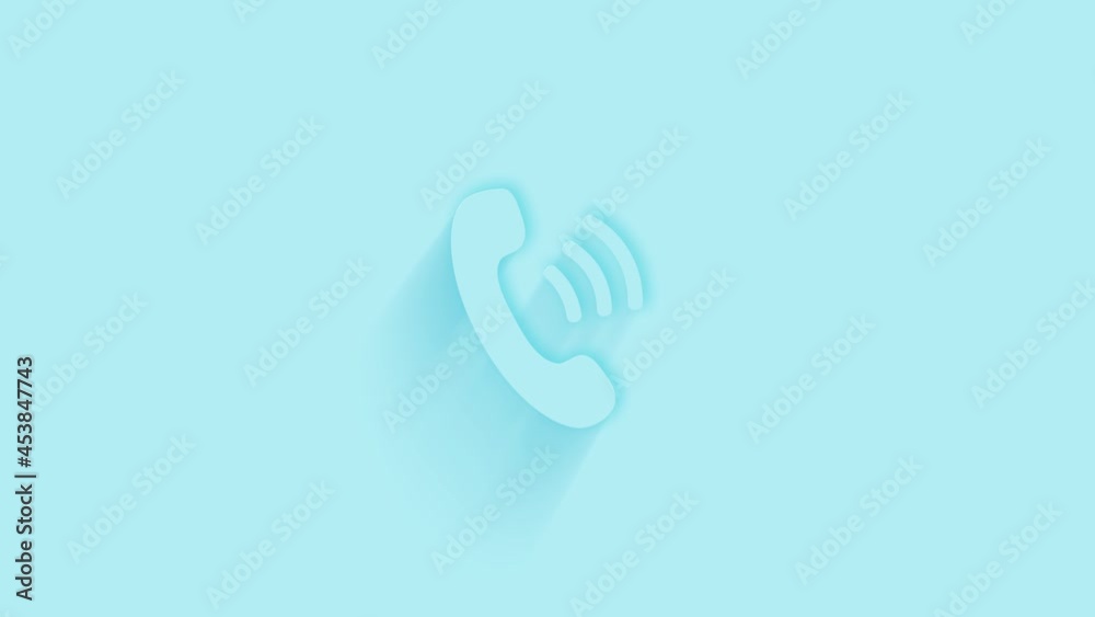 Poster animated telephone handset icon with shadow on blue background. neumorphism minimal style. transpare